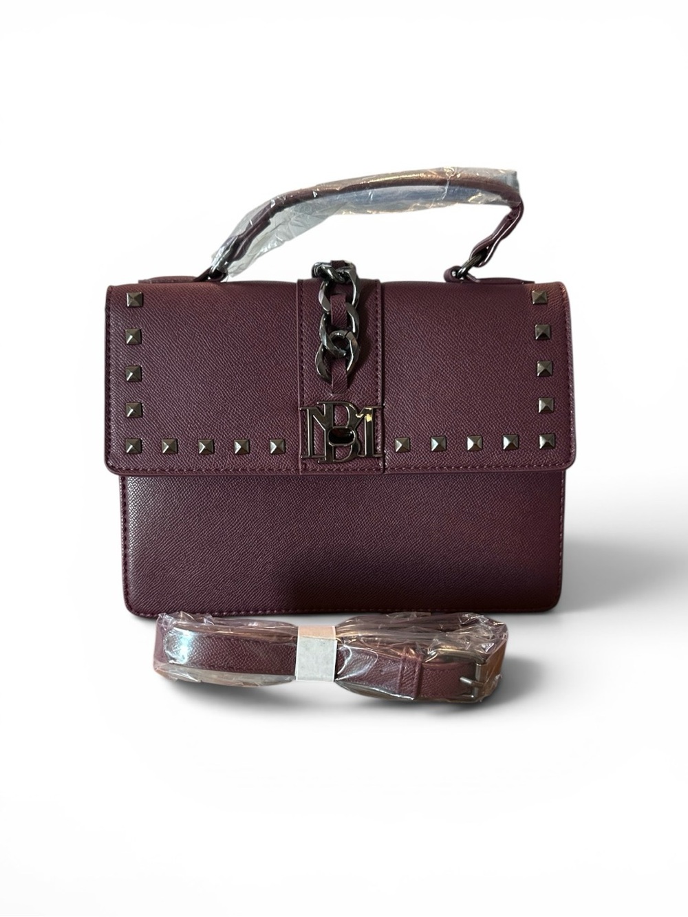 Badgley Mischka Plum Studded Crossbody With Big Chain & Letter Lock